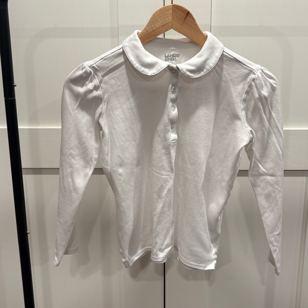 Lands' End Girls White Long-Sleeve Polo with Peter Pan Collar